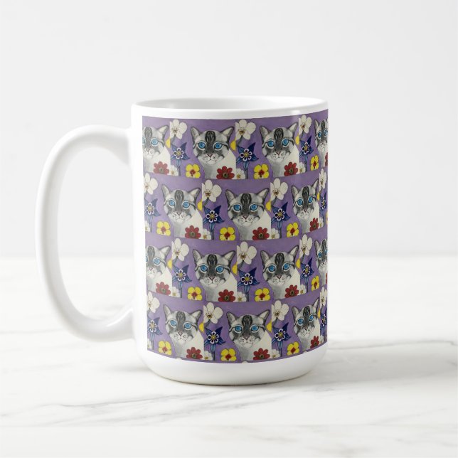 cat and Flowers Classic Mug, 444 ml Coffee Mug (Left)
