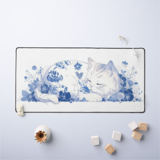 cat and flowers desk mat