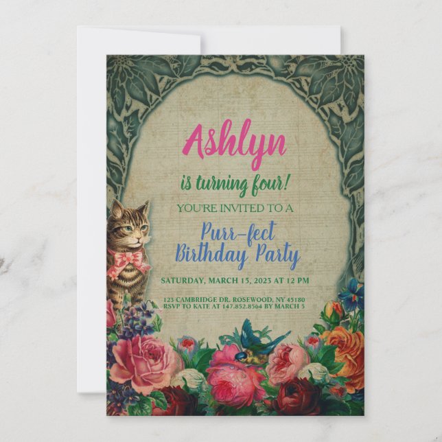 Cat and Flowers Vintage Invitation (Front)