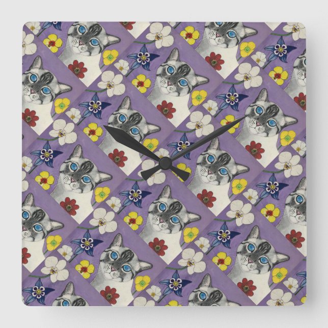 Cat And Flowers Wall Clock (Front)