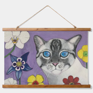 Cat and Flowers Wood Topped Wall Tapestry