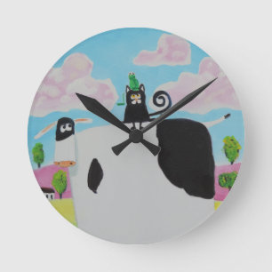 cat and frog on a cow painting Gordon Bruce art Round Clock