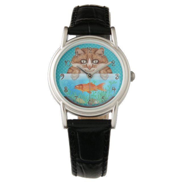Cat and Goldfish Bowl Hungry Funny Grinning Kitty Watch (Front)