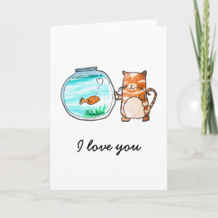 Cat and goldfish in love card