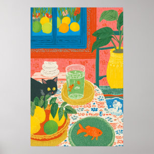 Cat and Goldfish Kitchen Art Print Colorful Still