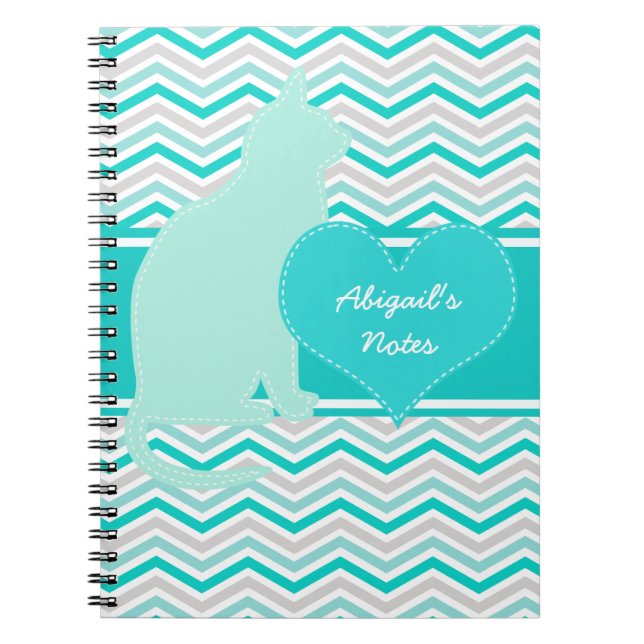 Cat and Heart on Chevron Personalised Notebook (Front)