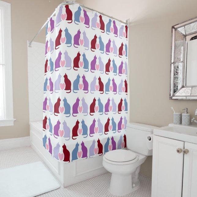 Cat and Hearts Cute Pattern Shower Curtain (In Situ)