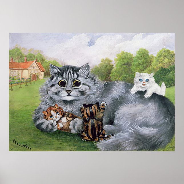 Cat and her Kittens, Louis Wain Poster (Front)
