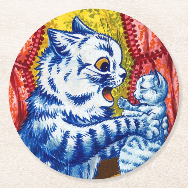 Cat and Her Kittens Round Paper Coaster (Front)