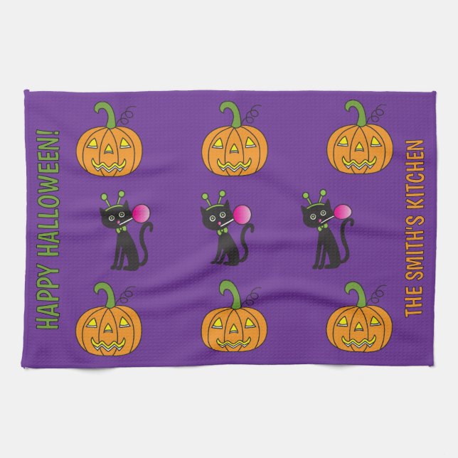Cat And Jack-O-Lantern Kitchen Towel (Horizontal)