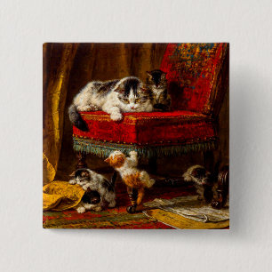 Cat and Kittens Playing with Chair 15 Cm Square Badge