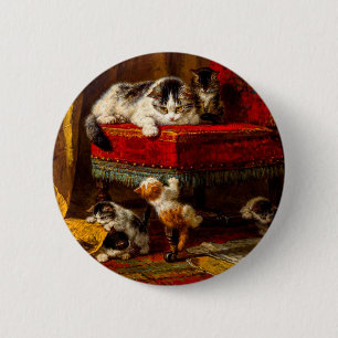 Cat and Kittens Playing with Chair 6 Cm Round Badge