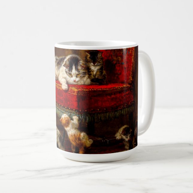 Cat and Kittens Playing with Chair Coffee Mug (Front Right)