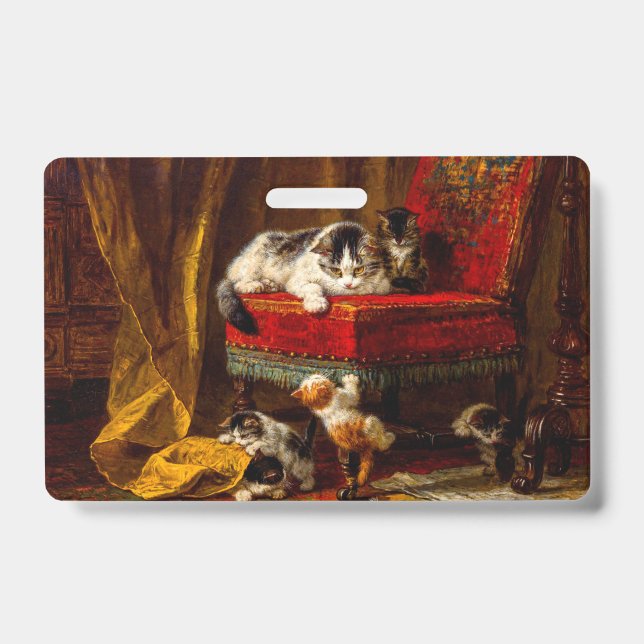 Cat and Kittens Playing with Chair ID Badge (Front)