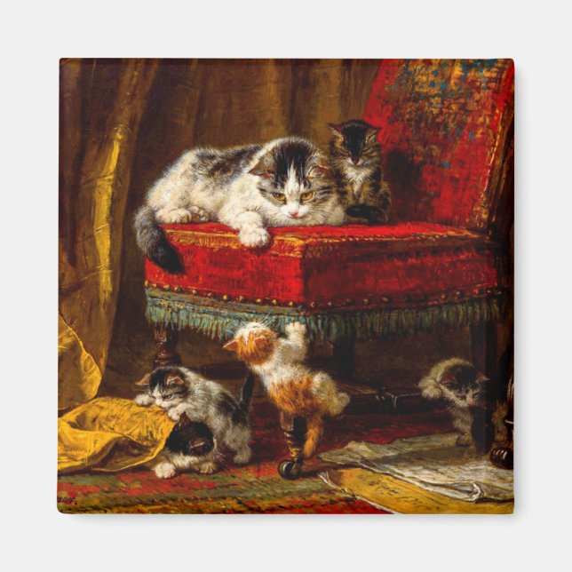 Cat and Kittens Playing with Chair Magnet (Front)