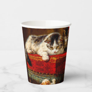 Cat and Kittens Playing with Chair Paper Cups