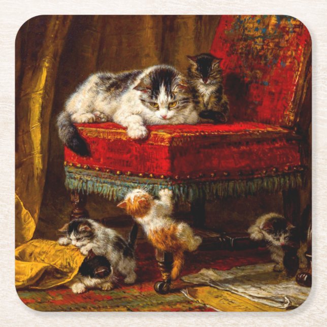 Cat and Kittens Playing with Chair Square Paper Coaster (Front)
