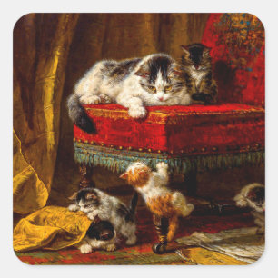 Cat and Kittens Playing with Chair Square Sticker