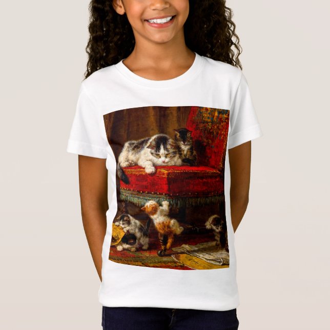 Cat and Kittens Playing with Chair T-Shirt (Front)