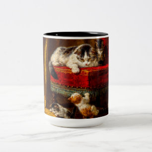Cat and Kittens Playing with Chair Two-Tone Coffee Mug