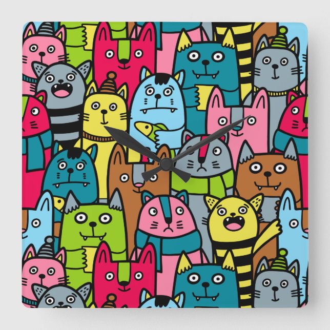 Cat and kittens square wall clock (Front)