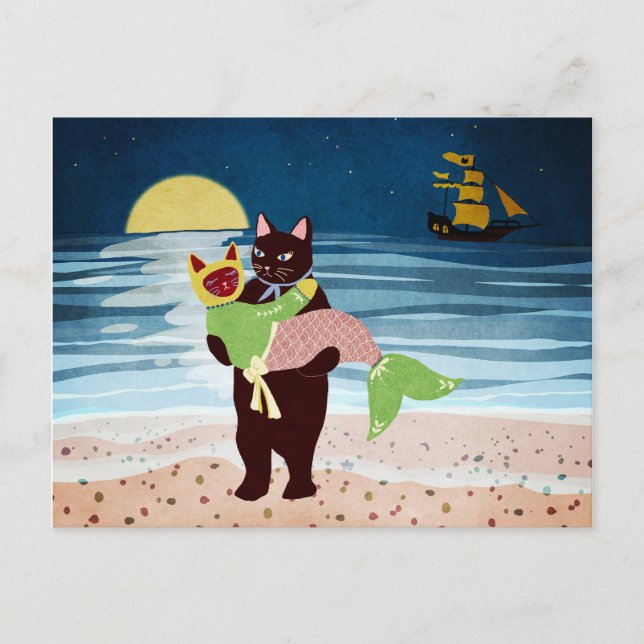 Cat and Mermaid Cat love Postcard (Front)
