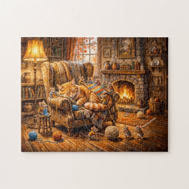 Cat and Mice Cosy Knitting Scene Jigsaw Puzzle (Horizontal)