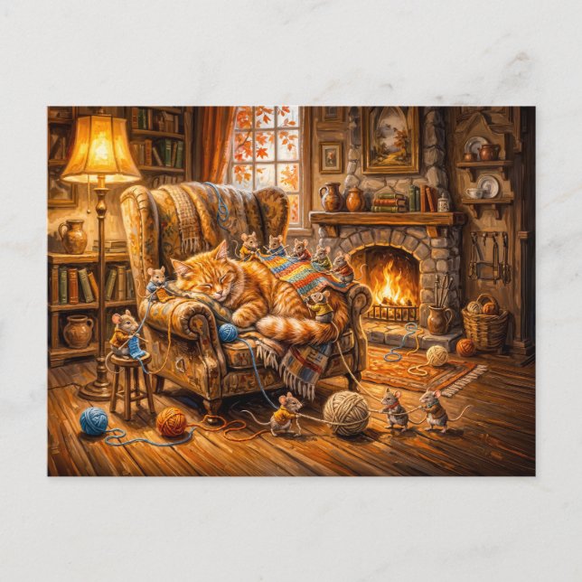Cat and Mice Cosy Knitting Scene Postcard (Front)