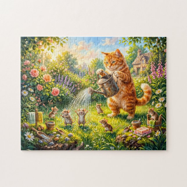 Cat and Mice Garden Water Fun Jigsaw Puzzle (Horizontal)