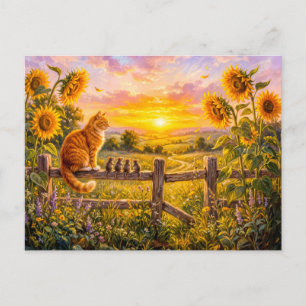 Cat and Mice Sunset Fence View Postcard
