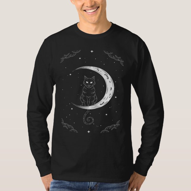 Cat and Moon Occult Goth Halloween Gothic T-Shirt (Front)