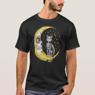 Cat And Moon Sugar Skull Dia De Los Muertos Day Of T-Shirt