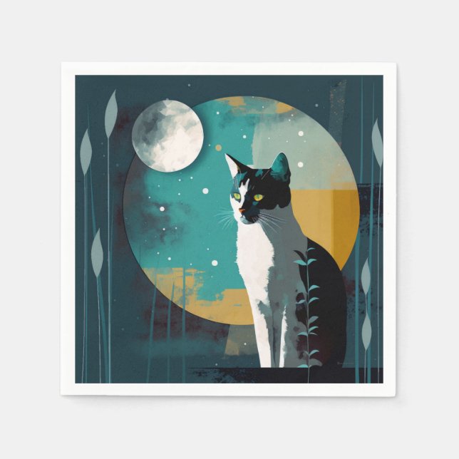 Cat and Moon with Fronds - Cocktail Napkins (Front)