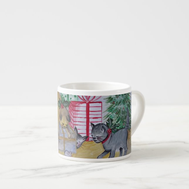 Cat and Mouse Christmas Espresso Cup (Front Right)
