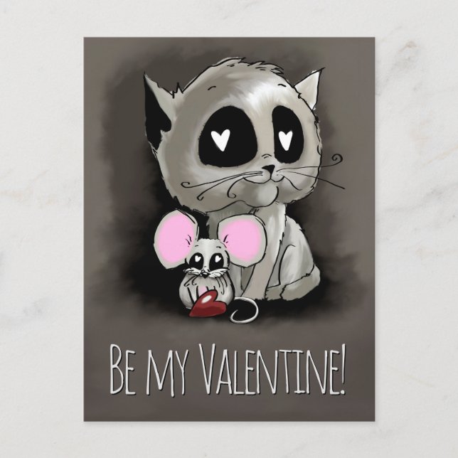 Cat and Mouse Ink Drawing, Be My Valentine Postcard (Front)