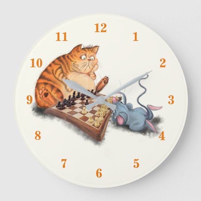Cat and Mouse Playing Chess Cartoon Drawing Fun Large Clock (Front)