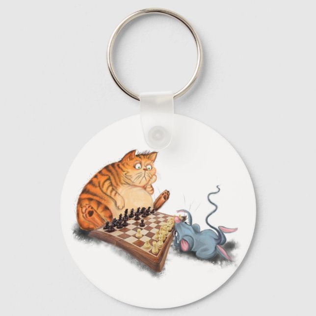 Cat and Mouse Playing Chess Cartoon Drawing Funny  Key Ring (Front)