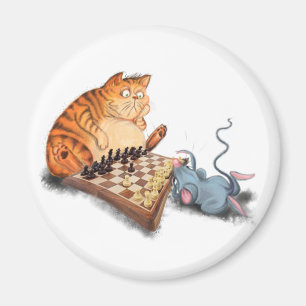 Cat and Mouse Playing Chess Cartoon Drawing Funny Magnet