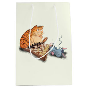 Cat and Mouse Playing Chess Cartoon Drawing Funny Medium Gift Bag