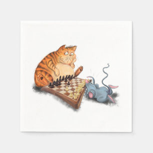 Cat and Mouse Playing Chess Cartoon Drawing Funny  Napkin