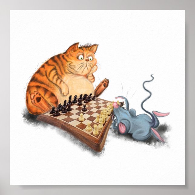 Cat and Mouse Playing Chess Cartoon Drawing Funny  Poster (Front)