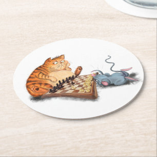 Cat and Mouse Playing Chess Cartoon Drawing Funny  Round Paper Coaster