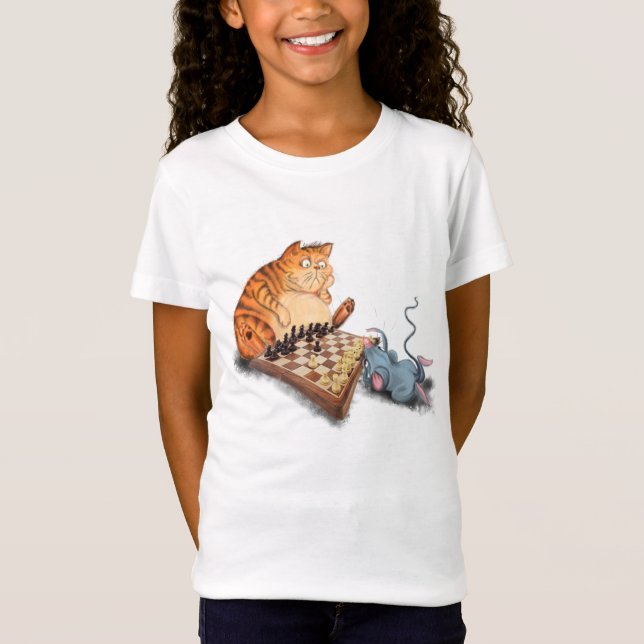Cat and Mouse Playing Chess Cartoon Funny T-shirt (Front)