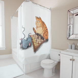 Cat and Mouse Playing Chess - Fun - Painting Shower Curtain