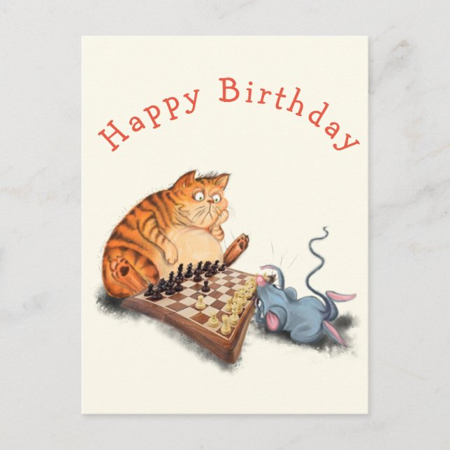Cat and Mouse Playing Chess Funny Birthday Card (Front)