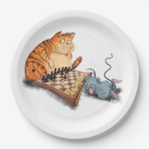 Cat and Mouse Playing Chess Funny Paper Plates