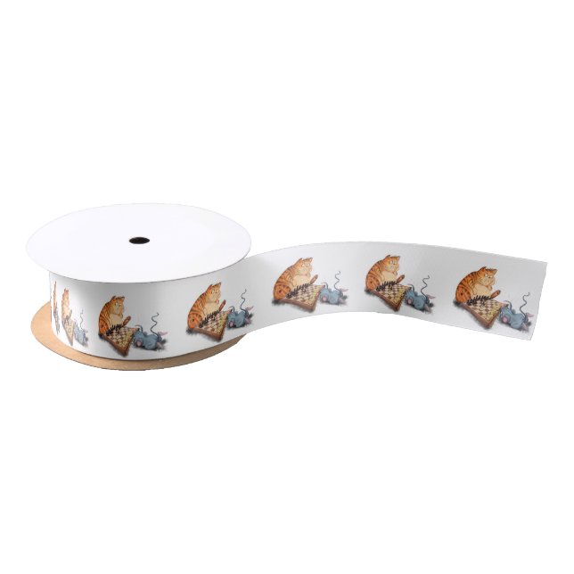 Cat and Mouse Playing Chess Funny Satin Ribbon (Spool)