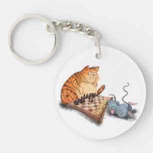 Cat and Mouse Playing Chess Keychain