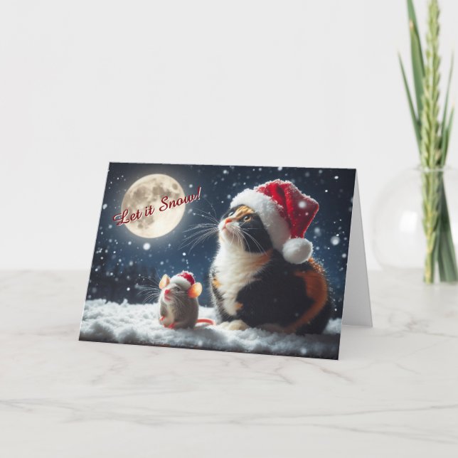 Cat and Mouse Watching the Snow Christmas Card (Front)