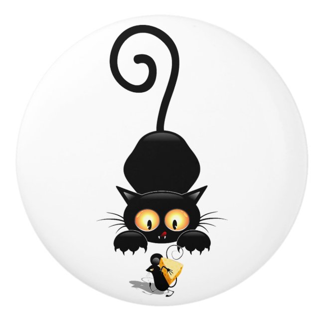Cat and Mouse with Cheese Fun Cartoon Characters Ceramic Knob (Front)
